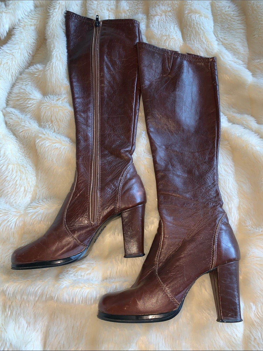 Vtg 60s 70s Hanna Brown leather side zipper knee high Gogo boots 5.5 - Picture 5 of 15